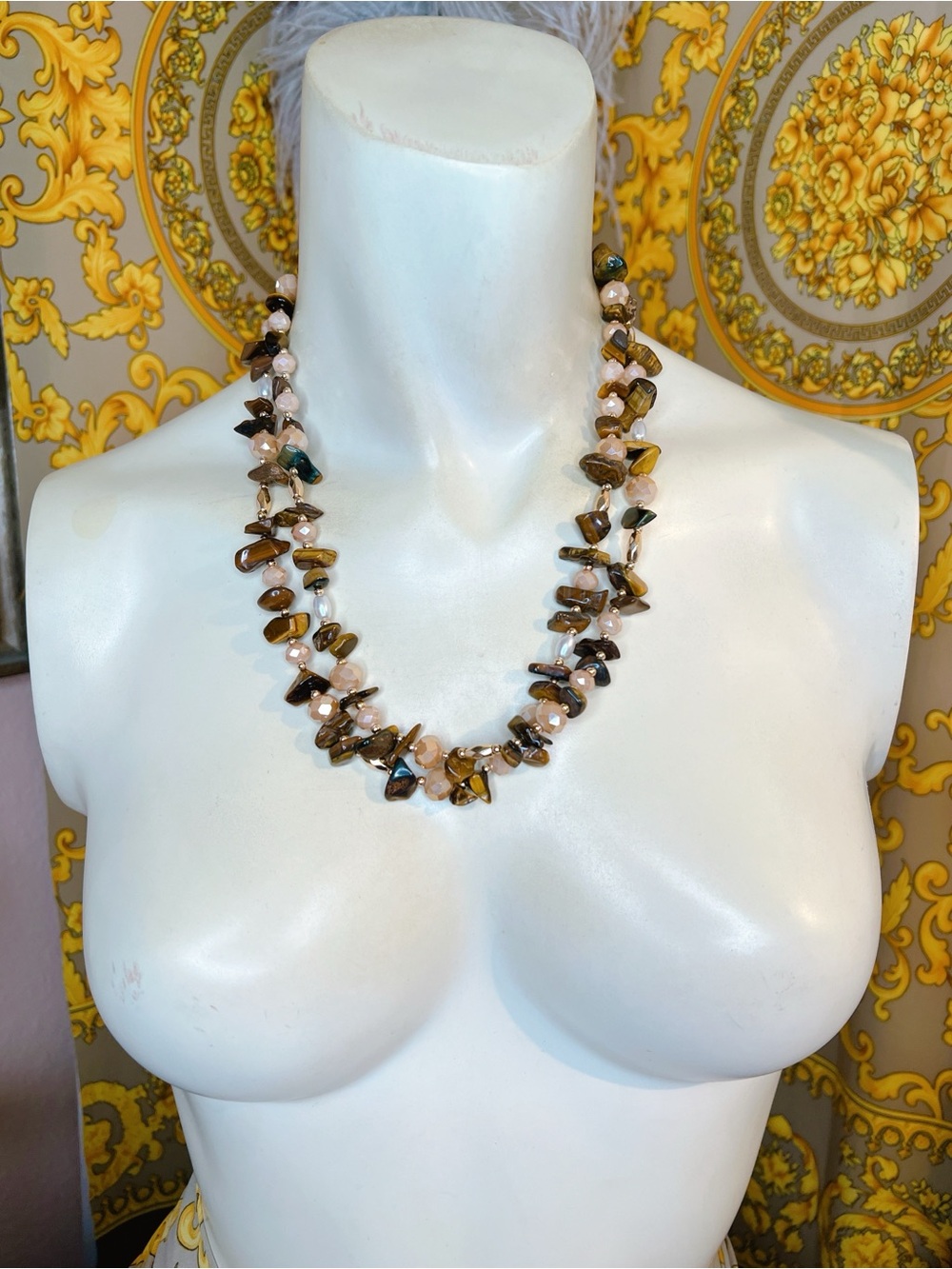 Tiger Eye gemstone pearl crystal gold plated brown 20” to 23” necklace